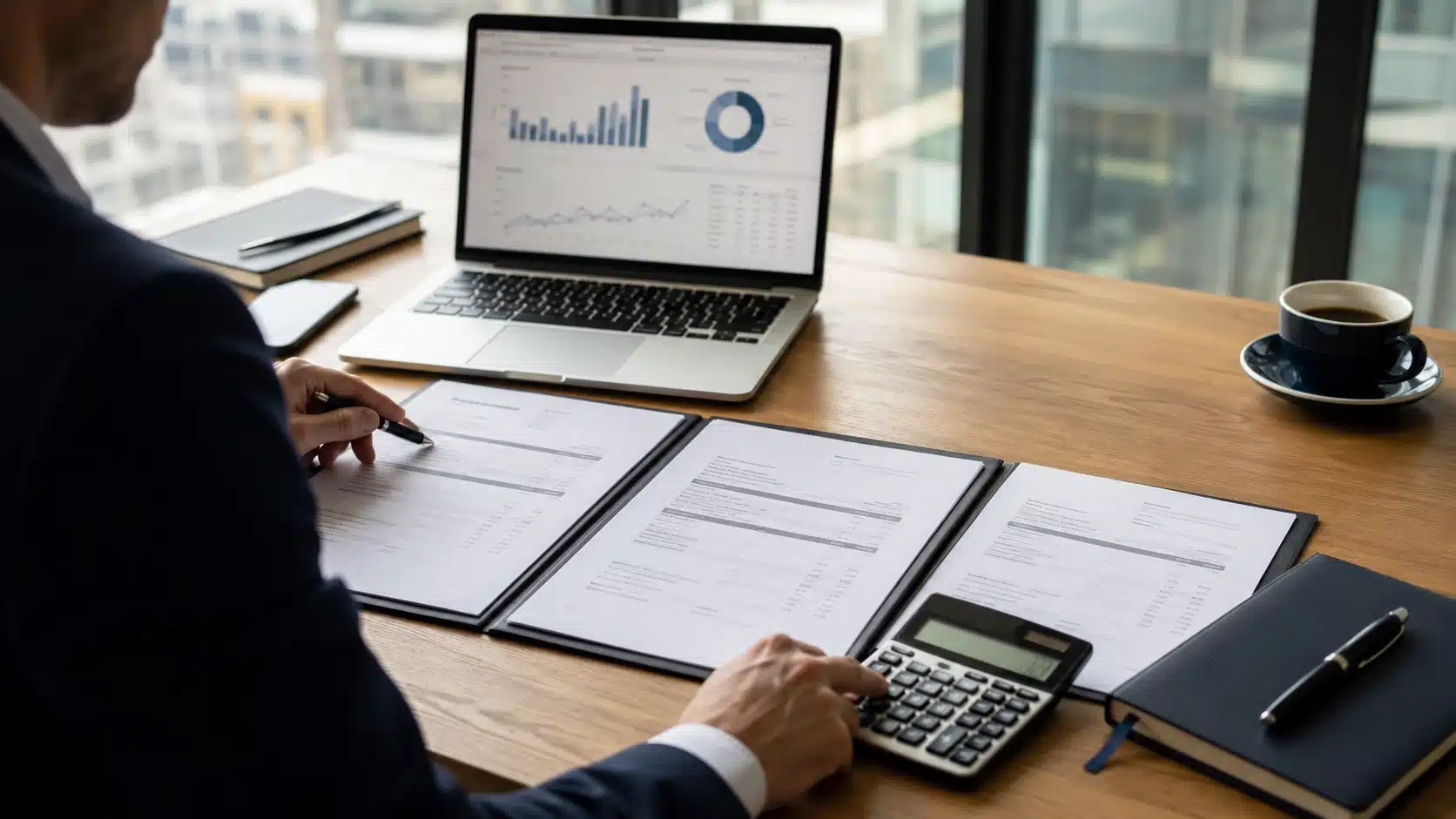 How Much Does a Marketing Agency Cost in the UK: business professional comparing marketing proposals, pricing documents and analytics dashboard in a modern office